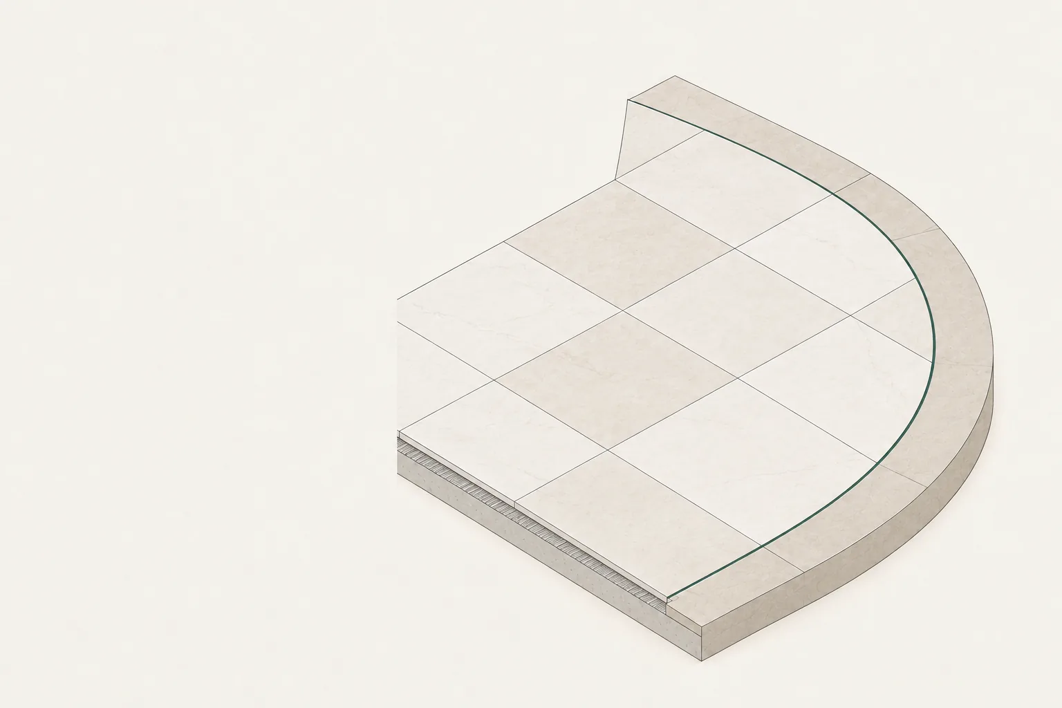 Drawing of large floor tiles meeting a curved stone step, each tile cut to follow the green curve with an even joint all along it.