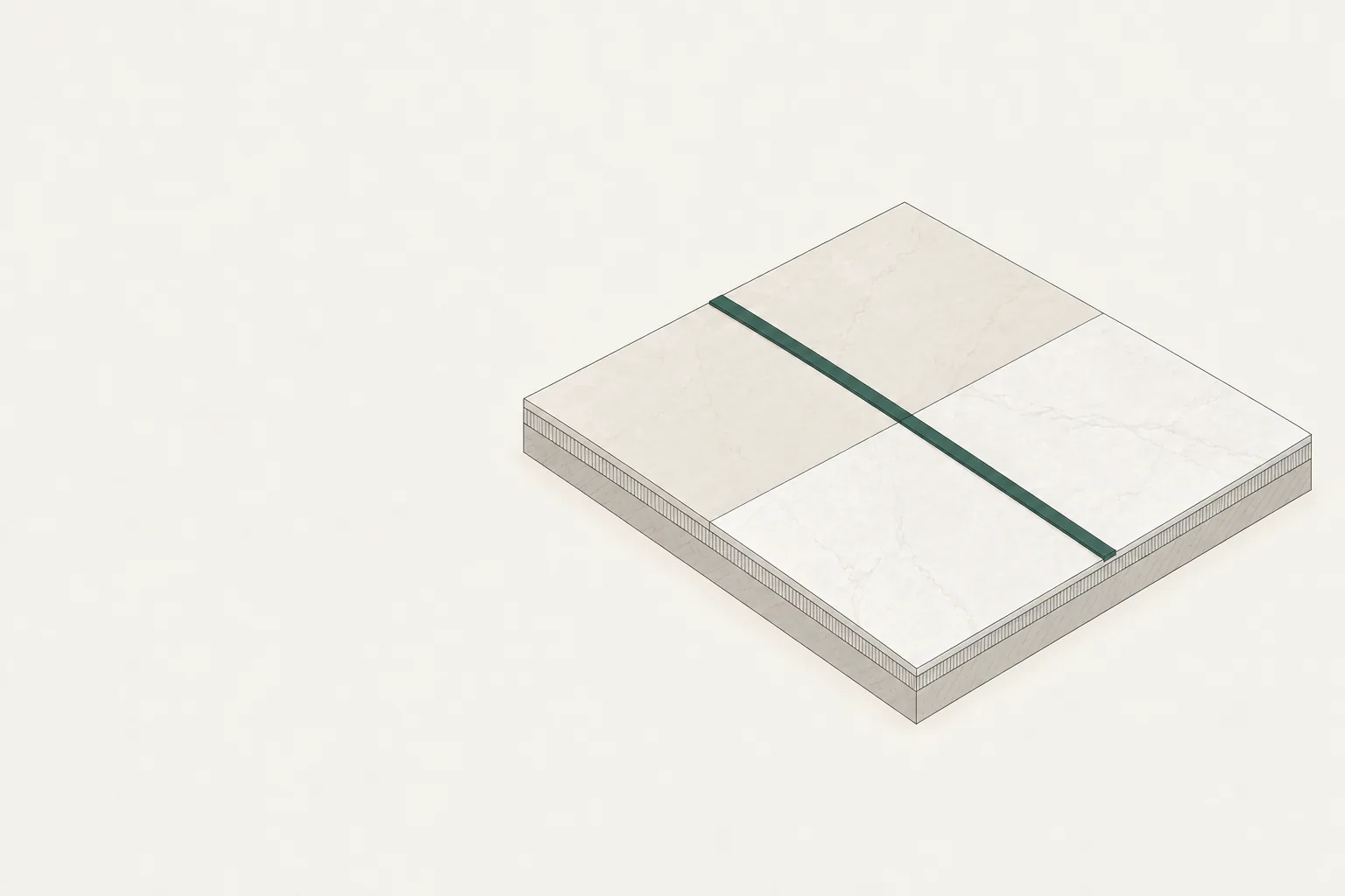 Drawing of four large floor tiles with a long green straightedge lying flat across the point where their corners meet, touching along its whole length.