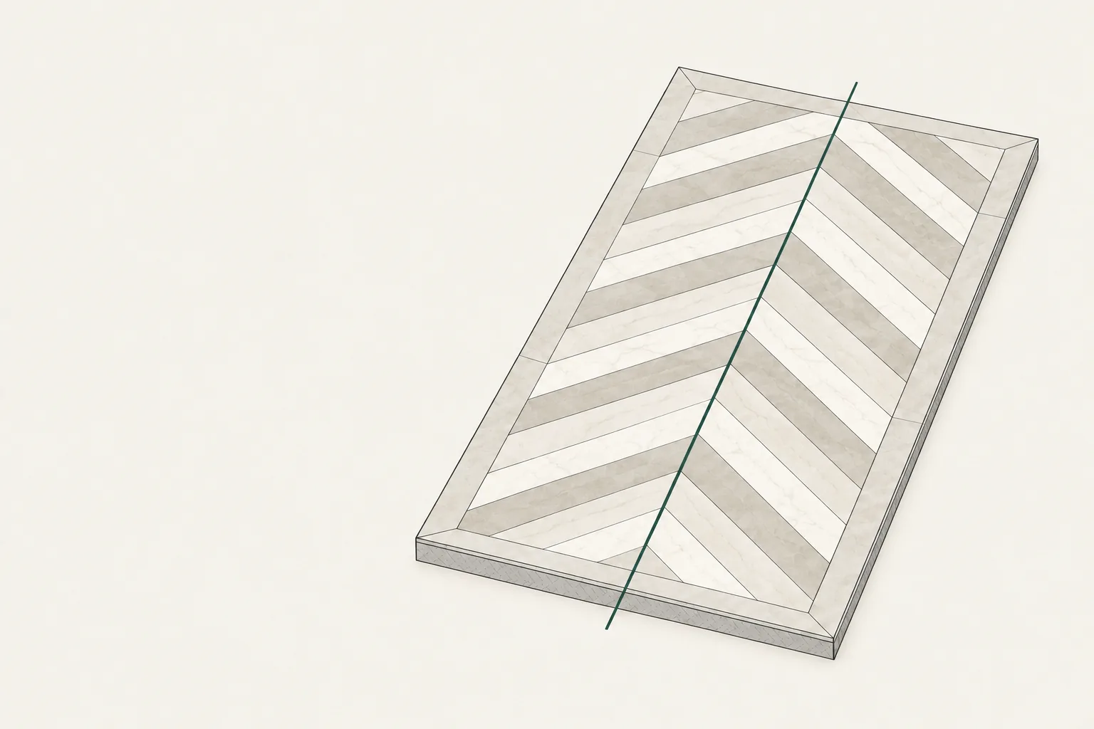 Drawing of a chevron tile floor laid out from a green centre line, every point landing on the line and the cut pieces equal at both edges.